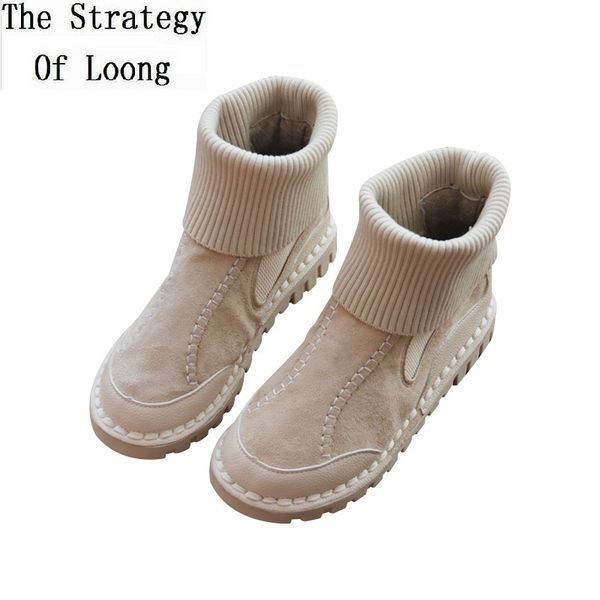 

spring autumn korean style women knitting patchwork short sock boots winter ladies plush slip-on booties boots 191130, Black