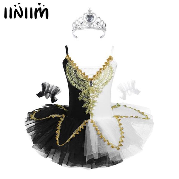 

kids girls tutu balet dress color block shiny rhinestone ballet dance wear gymnastics leotard tutu dress with crown headband, Black;red