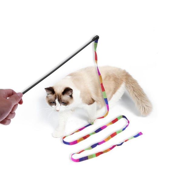 

1 6pcs rainbow streamer pet cat feather toys play fun cat wand catcher teaser sticks cat interactive training toys wholesale