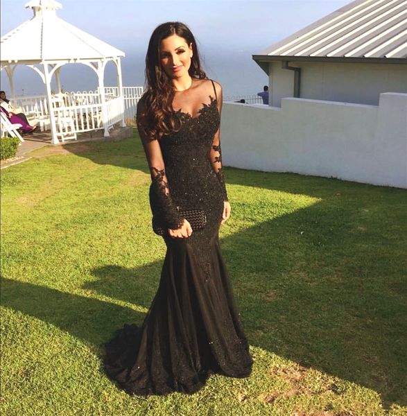 

mermaid prom dresses arabic illusion lace appliques crystal beaded mermaid long sleeves vestidos de fiesta formal evening gowns hy380, Black;red