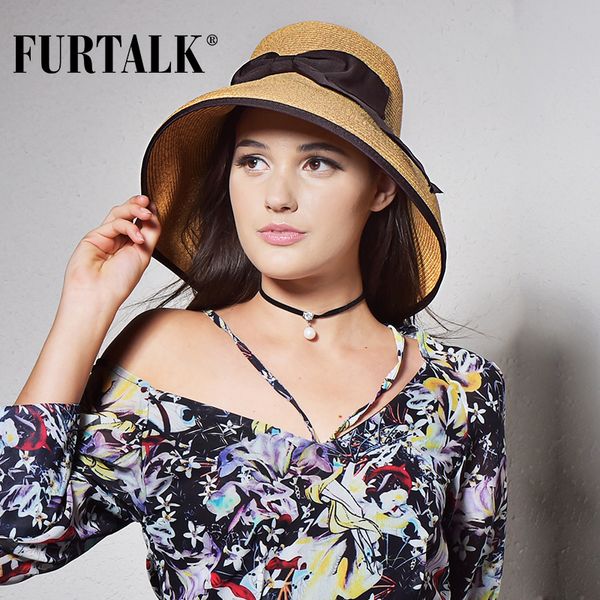 

furtalk summer hat for women straw hat for beach sun with big bowknot wide brim floppy foldable, Blue;gray