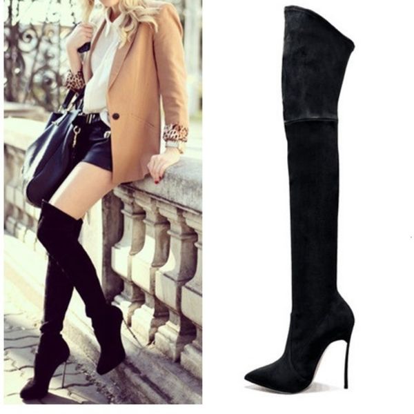 

35-42 sharp super high with elastic overknee woman boots metal with, Black