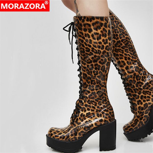

morazora 2020 big size 43 women knee high boots leopard high heels platform boots cross tied autumn prom night club shoes woman, Black