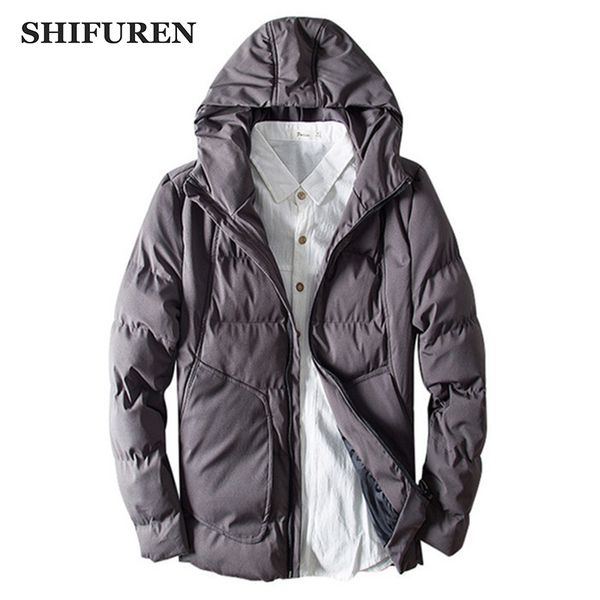 

shifuren winter hooded jacket men long sleeve 2019 parka coats male causal warm cotton padded stand collar outerwear size m-3xl, Black