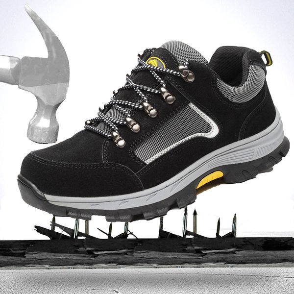 

2019 men's plus size breathable mesh steel toe outdoor safety shoes men industrial & construction puncture proof work shoes, Black