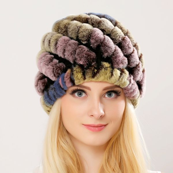 

rex fur hats fur striped knitted cap for women genuine hat cap, Blue;gray