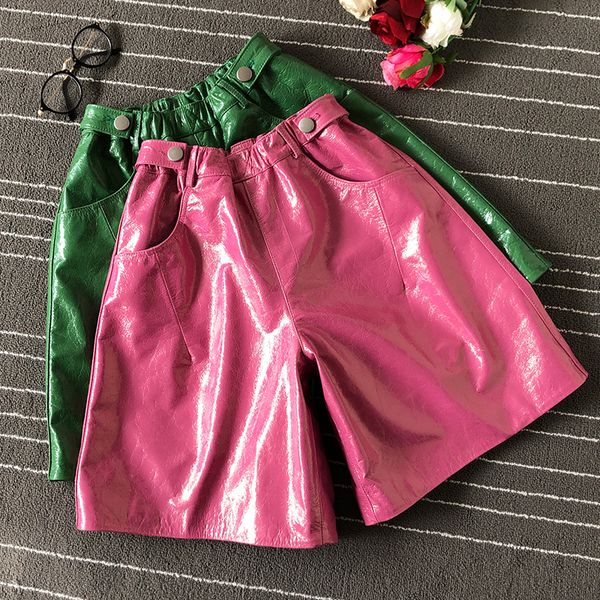 

brand new genuine leather short pants women's high-rise leather pants b352, Black;white