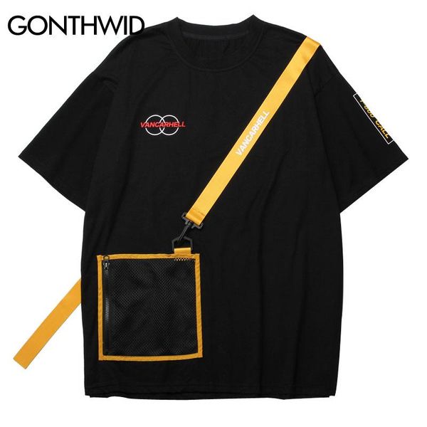 

gonthwid ribbon zipper pocket tshirts streetwear men 2019 hip hop casual swag tees fashion harajuku short sleeve t shirts, White;black