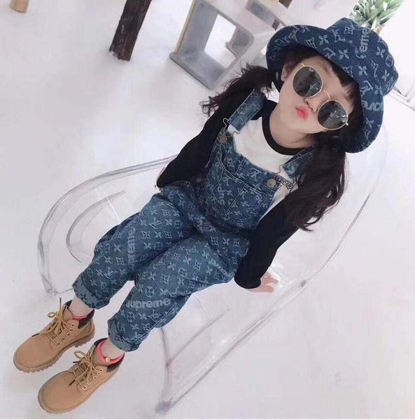 

fall style new children's suspenders monogrammed jeans boys and girls korean version of trendy children's wear casual children&#03, Blue