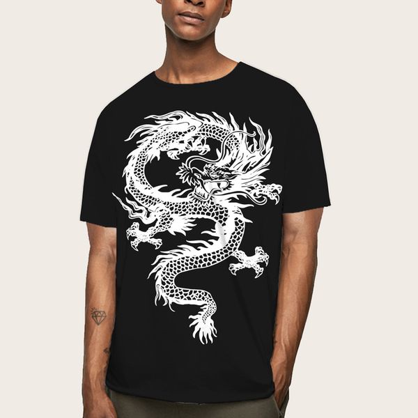 

european size men's round neck dragon design tee shirt chinese dragon print loose short sleeve shirt, White;black