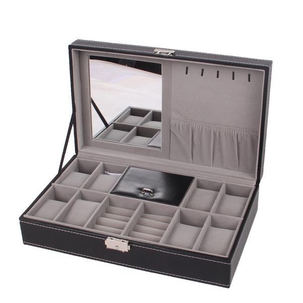 

2/6/10/12 girds leather/carbon fiber luxury watch box jewelry storage box organizer for rings bracelet display holder case, Black;blue