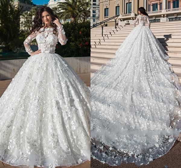 

3d floral lace appliques ball gown wedding dresses 2021 arabic long sleeve buttons back bridal gown chapel train vestidos de novia al5520, White