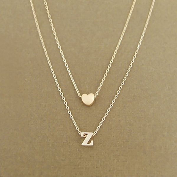 

european and american style 26 letters &heart pendant necklace double layers peach heart combination letter pendant necklace, Silver