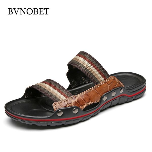 

bvnobet new brown men slippers vintage genuine leather mens flip flops anti-slip beach sandals shoes for men big size 45 46 47, Black