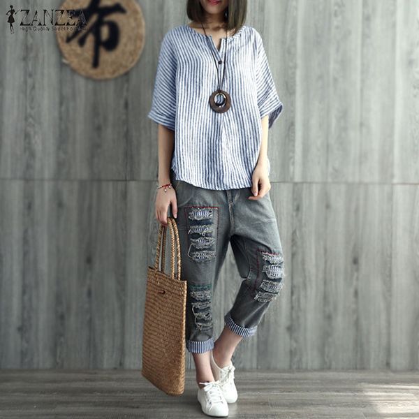 

2019 zanzea summer v neck batwing sleeve women cotton linen striped shirt casual loose work blouse retro party blusas s-5xl, White