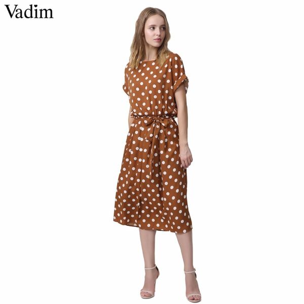 

vadim vintage bow tie sashes dot pattern midi dress elastic waist short sleeve summer ladies casual dresses vestidos qa092, Black;gray