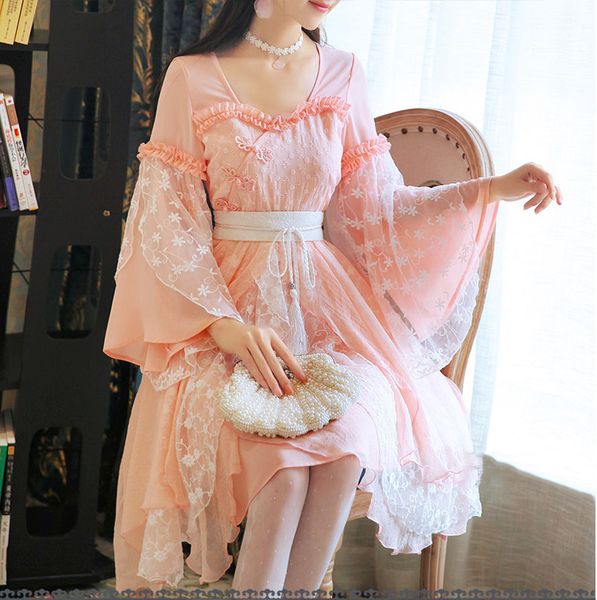 

chinese ancient costumes han lase tang dynasty daily dress cosplay dresses costume pink fairy long sleeve yarn dress for women, Black;red