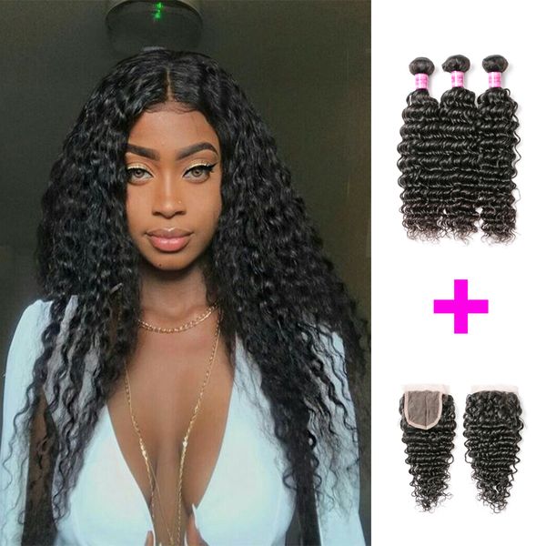 Brazilian Hair Deep Wave With Closure 3 Bundles With Lace Closure