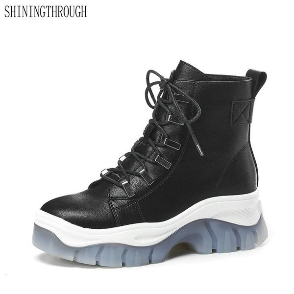 

brand genuine leather boots women ankle boots handmade platform heels comfortable shoes women autumn winter, Black