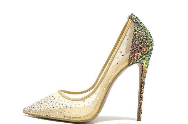 

2019 wedding women lady nude mesh net tulle glitter crystal poined toes high heeled heels shoes stiletto heel shoes pump 10cm, Black