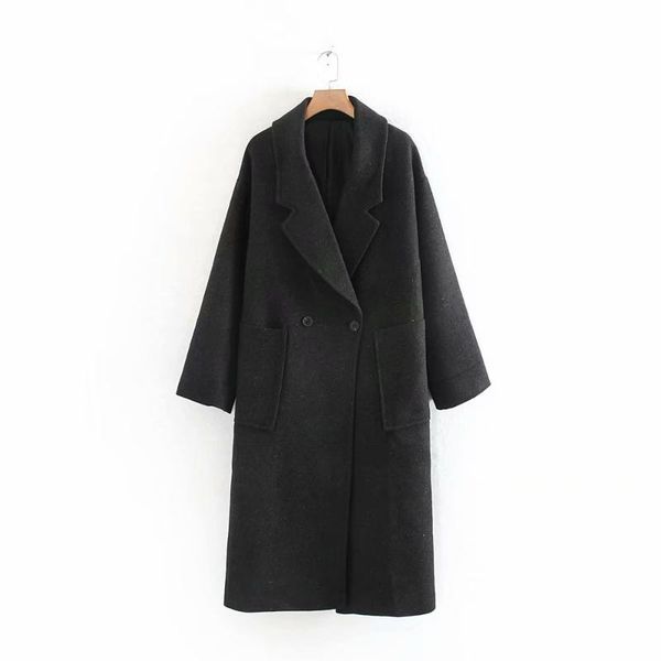 

women's wool & blends autumn 2021 large lapel curled long sleeve loose pocket double breasted coat 1255228801, Black
