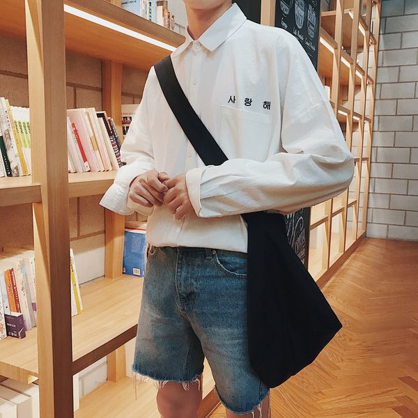 

MarchWind Brand Casual Cotton Solid Color Embroidered Letter Lapel Long Sleeve Men Shirt Summer Korea Style Youth Loose Camisa Homme