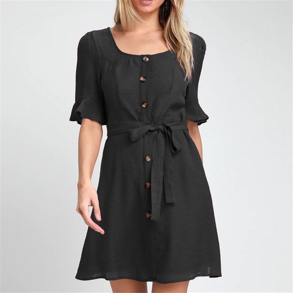 

women summer dress casual short sleeve elegant bandage bodycon black party dress buttons mini beach sundress vestidos, Black;gray