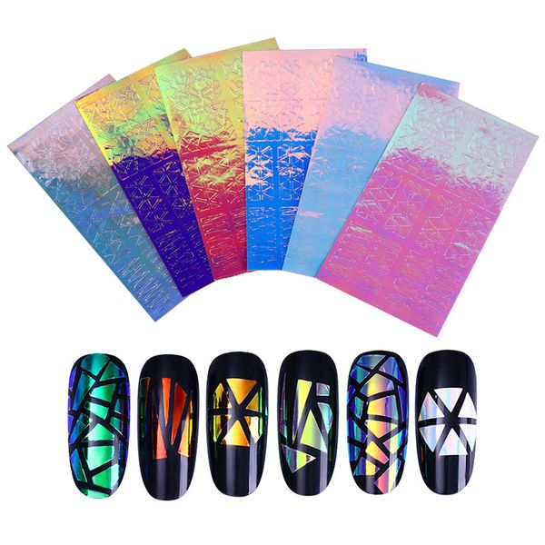 

6 sheet holographic ab color 3d hollow nail sticker geometric nail art adhesive transfer sticker manicure diy, Black