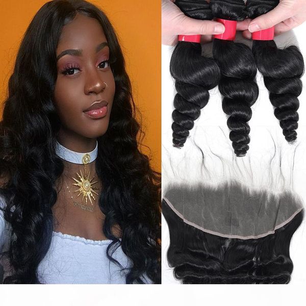 

brazilian loose wave virgin hair 3bundles with 13x4 ear to ear lace frontal closure unprocessed human hair extension bundles with frontal, Black;brown