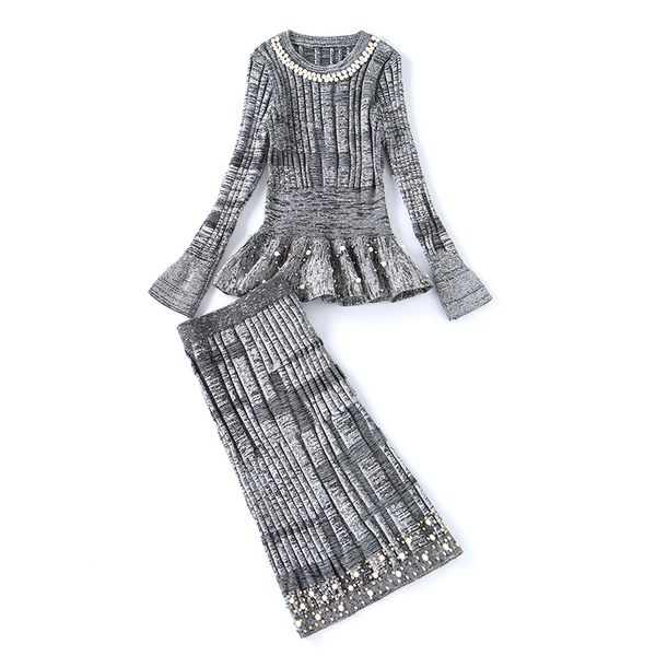 

2017 winter ladies knitted beading ruffles pullover sweater long skirt suits women urban cotton blends 2 piece sets, Gray
