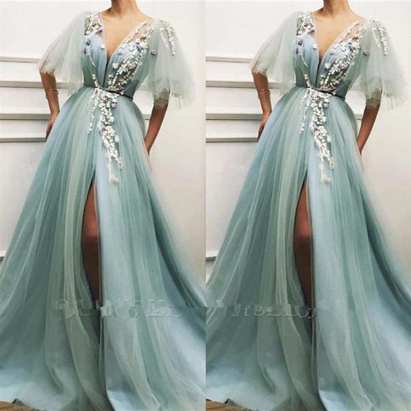 

v neck tulle a line long prom dresses 2020 flare sleeves lace applique split floor length formal party evening dresses bc2579, Black