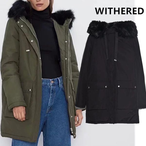 

withered winter parka coat women england vintage high street thick warm cargo pockets fur hooded long coat women parka plus size, Black