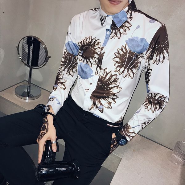 

урожай цветочные печати мужские рубашки с длинным рукавом 2020 весенняя мода satin smooth slim fit мужские рубашки смокинг camisas para homb, White;black