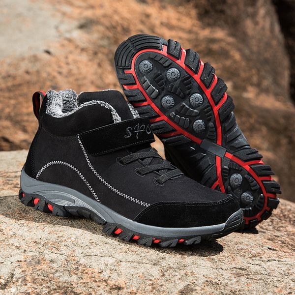 

men boots winter with fur 2019 warm snow boots men winter work casual shoes sneaker high rubber ankle keep warm, Black