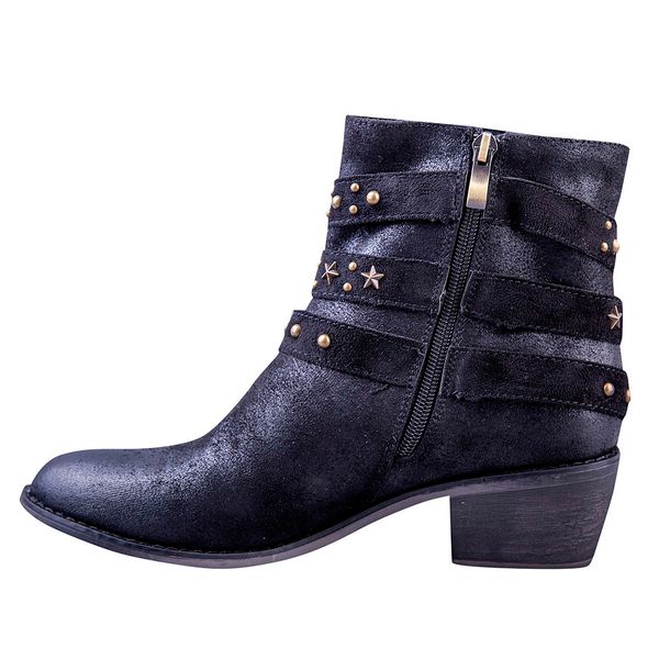 

suede women's booties flats round toe square low-heel rivets zipper casual girl's shoes buckle strap ladies ankle boots, Black