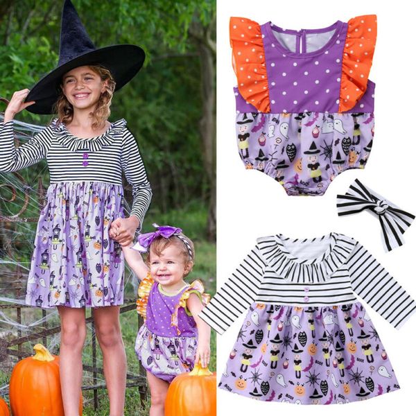 

halloween days sister matching newborn kids baby girls clothes stripe long sleeve ruffle dresses cartoon button dress+headband, Red;yellow