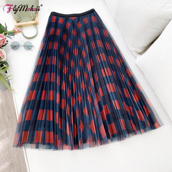 

women plaid tulle skirts a line plus size elastic high waist pleated maxi long mesh tutu skirt elegant korean style ball gown, Black