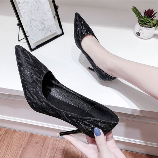 

2020 new women's thin high heels shoes women pumps pointed toe pu slip on ladies single party wedding shoes female 2020, Black