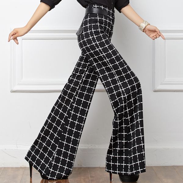 

2019 spring autumn new knitted plaid wide-leg pants trousers women's high waist drop loose straight trousers plus size harajuku, Black;white
