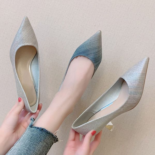 

women dress shoes gradation pumps pointed toe silver wedding shoes woman glasses heels boat bridal zapatos mujer 7948r, Black