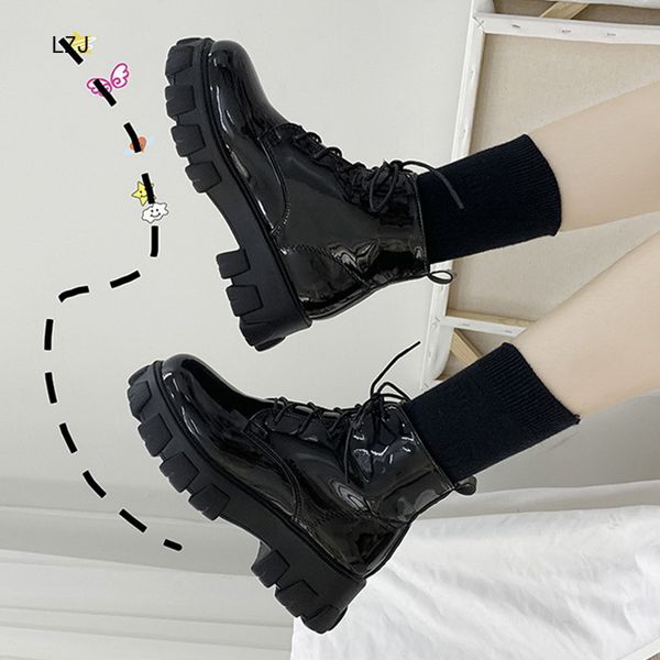 

lzj new british fashion autumn winter ankle boots lace up platform jason martins boots women riding leather mujer, Black