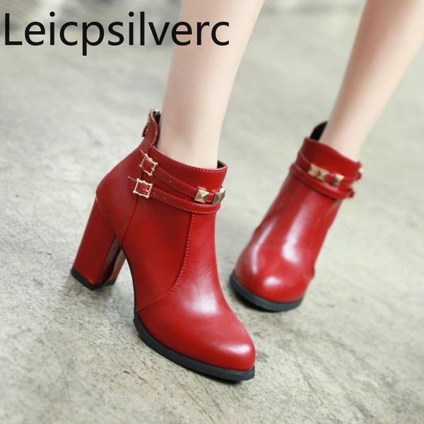 

women's boots autumn and winter new fashion round head zipper rivet high heel short tube women's shoes plus size 30-50 8cm high, Black