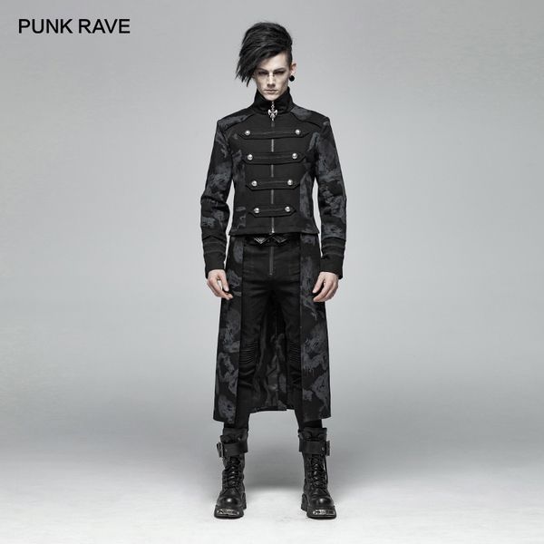 

punk rave men's gothic punk dragon totem detachable coat handsome stage performancemen micro-elastic twill long jacket, Tan;black