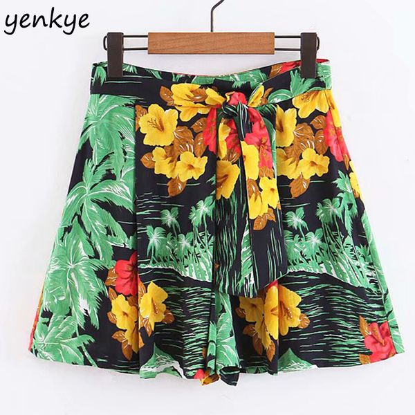 

2019 green floral print shorts women sashes high waist holiday boho beach summer short feminino spodenki damskie xzwm1998, White;black