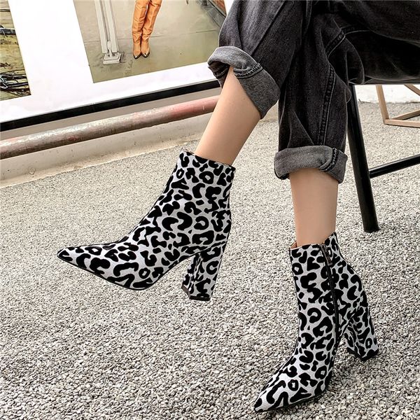 

2019 new leopard ankle boots women for autumn winter fashion pointed toe heel zipper woman party wedding boots plus size 33-43, Black