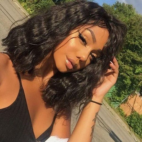 

remy malaysian natural wave human hair lace front wigs bob middle part short bob wig preplucked hairline150%, Black;brown