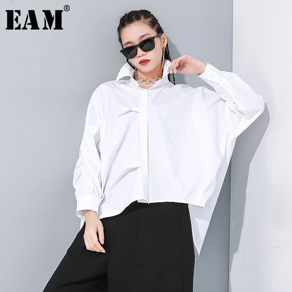 

eam] women white asymmetrical split big size blouse new lapel long sleeve loose fit shirt fashion tide spring autumn 2020 1n189