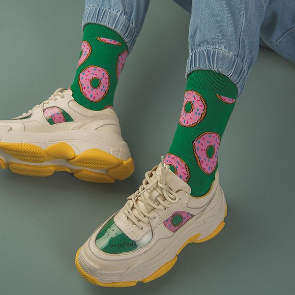 

creative fashion harajuku women socks food donuts french fries banana bee popcorn pizza burgers casual funny socks meias, Black;white