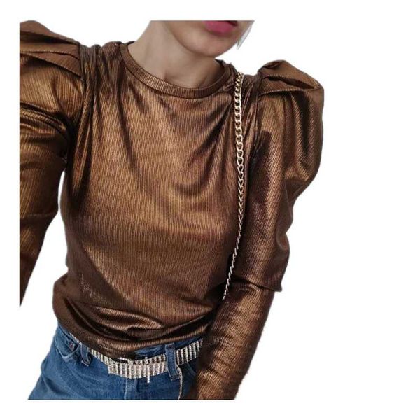 

women's round neck long-sleeved fashion slim fit shirt ladies solid color puff sleeve punk style pullovers, White;black