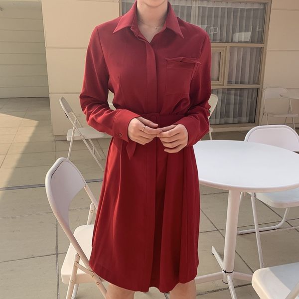 

casual dresses mazefeng 2021 spring summer women turn-down collar single-breasted sashes pocket lady red, Black;gray